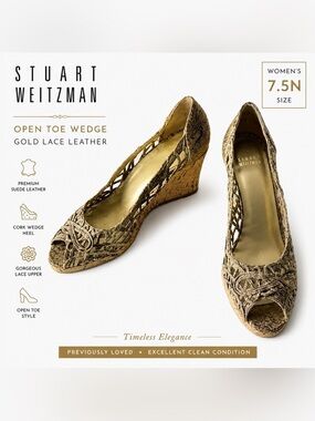 Stuart Weitzman Gold Lace Cork Wedge Heels | Women’s Size 7.5N